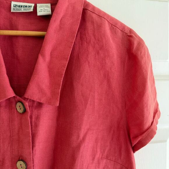 Nomadic Traders Vintage 100% Linen Short Sleeve Button Down Top Red Size Large - Picture 4 of 6